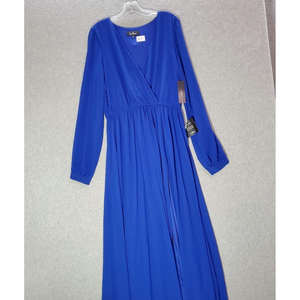 Lulus Women Dress Large Blue Maxi A-Line Chiffon‎ Faux Wrap Balloon Sleeve NWT